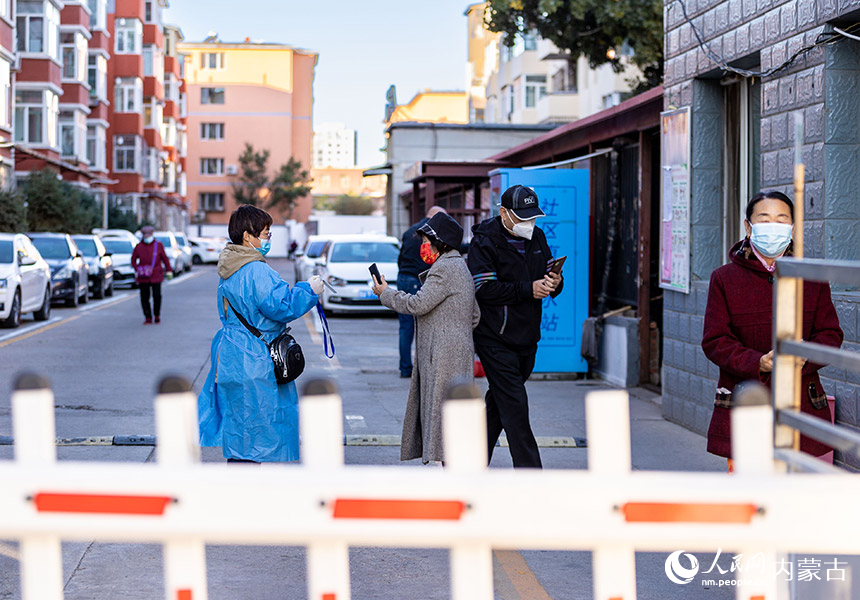 呼和浩特市玉泉區(qū)一處住宅小區(qū),社區(qū)網(wǎng)格員在查驗(yàn)準(zhǔn)備去核酸檢測(cè)點(diǎn)居民的健康碼。丁根厚攝