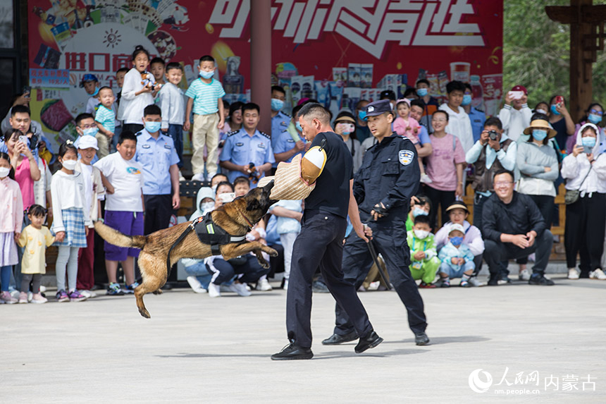 移民管理警察和家屬觀看警犬戰(zhàn)術表演。楊金燁攝