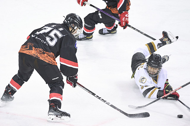 2月20日,第十四屆全國冬季運動會冰球項目男子青年組小組循環賽A組比賽中,北京隊12比1戰勝四川隊。北京隊球員成果(右)與四川隊球員馬龍在比賽中拼搶。新華社記者 鄧華 攝