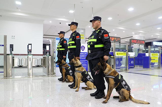 民警攜犬列隊(duì)等待查驗(yàn)旅客行李物品。李發(fā)春攝