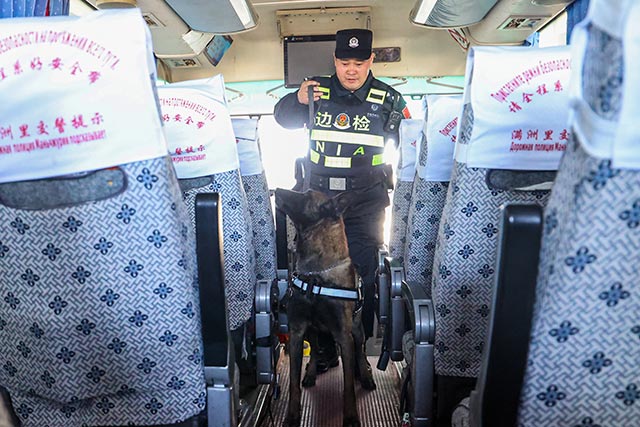 排爆犬“江銳”查驗(yàn)國(guó)際客車。李發(fā)春攝