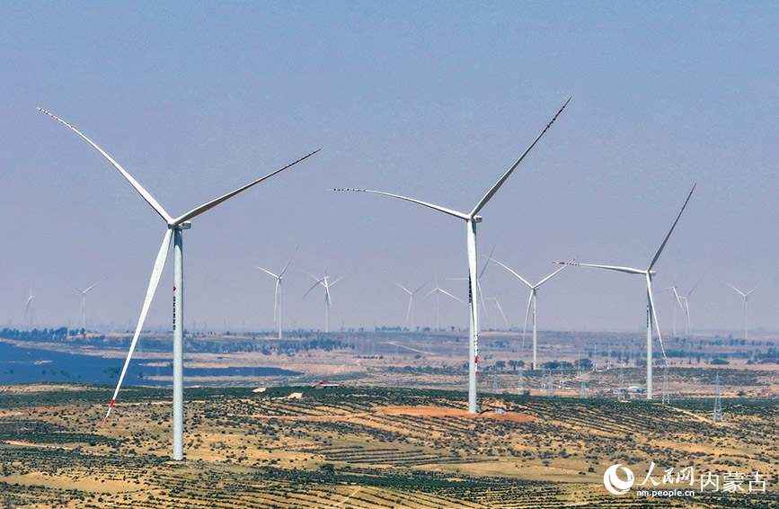 5月23日拍攝的鄂爾多斯市鄂托克前旗30萬千瓦上海廟風電場(無人機照片)。王正攝
