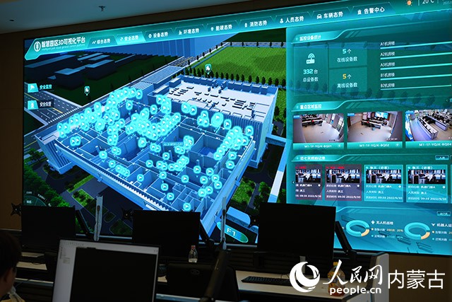 中國農業銀行內蒙古數據中心智慧園區3D可視化大屏。實習生 付華攝