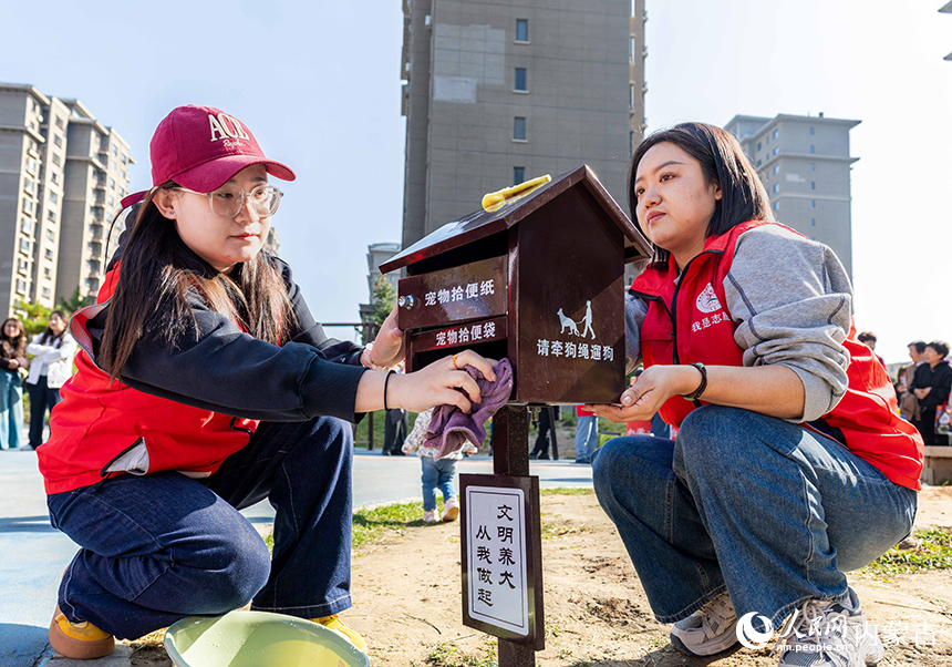 呼和浩特市玉泉區(qū)“文明市集”主題活動現(xiàn)場,志愿者在擦拭“文明養(yǎng)犬”寵物便民箱。丁根厚攝
