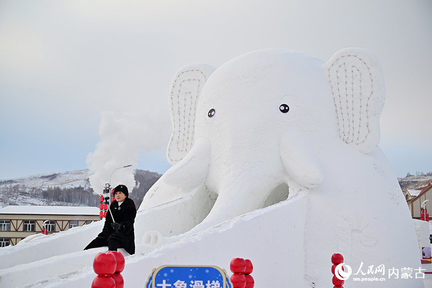 游客與“大象滑梯”合影。人民網記者 寇雅楠攝