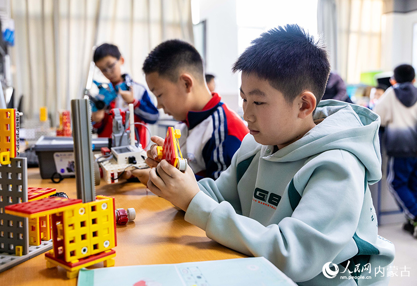 呼和浩特市玉泉區(qū)石東路小學(xué)機(jī)器人社團(tuán)的學(xué)生在學(xué)習(xí)組裝機(jī)器人。丁根厚攝