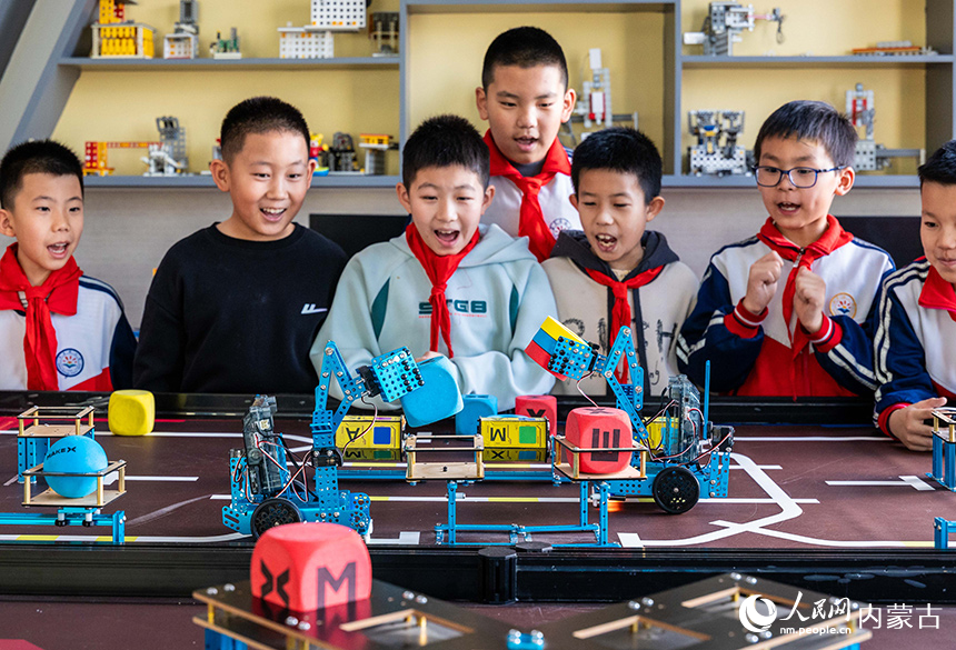 呼和浩特市玉泉區(qū)石東路小學(xué)機(jī)器人社團(tuán)的學(xué)生在操控編程機(jī)器人。丁根厚攝