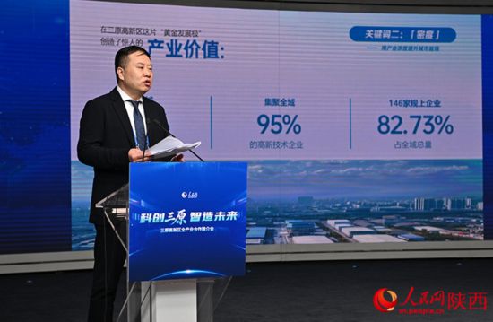 三原高新區黨工委副書記、管委會主任文鋒進行推介。人民網記者 于凱攝
